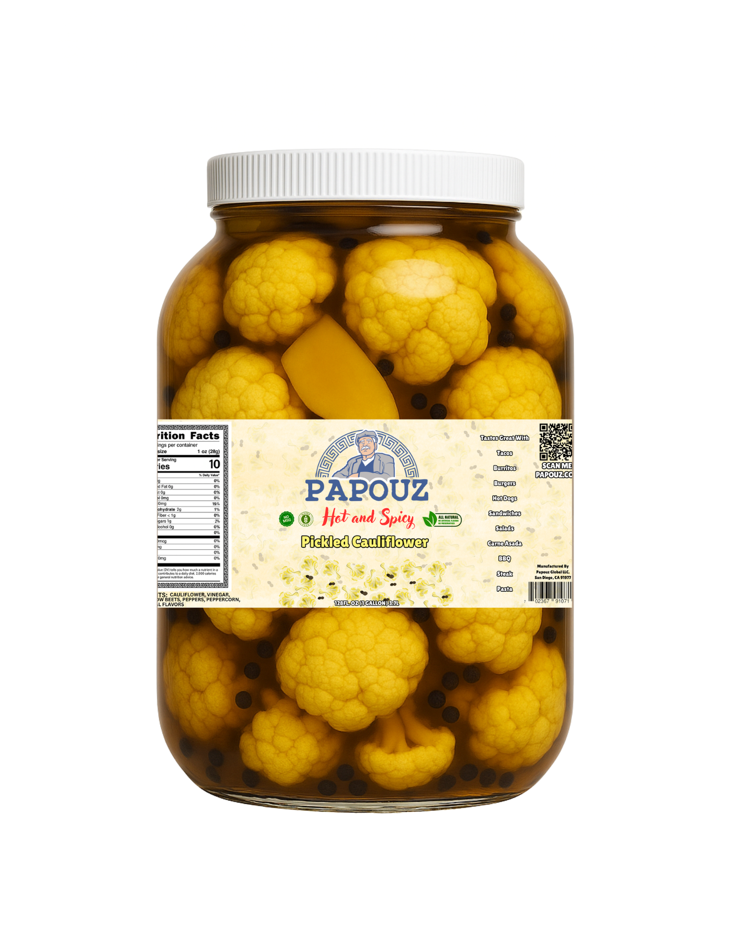 Papouz Pickled Spicy Cauliflower 128fl oz. Spicy Yellow Cauliflower