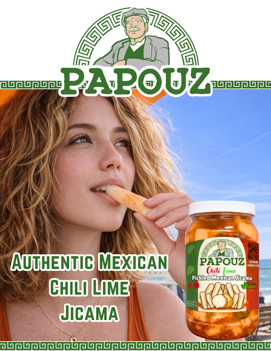 Papouz Pickled Chili Lime Jicama Sticks, Authentic Mexican Snack, Beer, Tequila, Margarita, Bar Snack, Pickled Root Vegetable, Fresh Family Recipe, Keto-Friendly, Gluten-Free, Cut Jicama, Mexican Turnip, Spicy, Sour, 32 oz