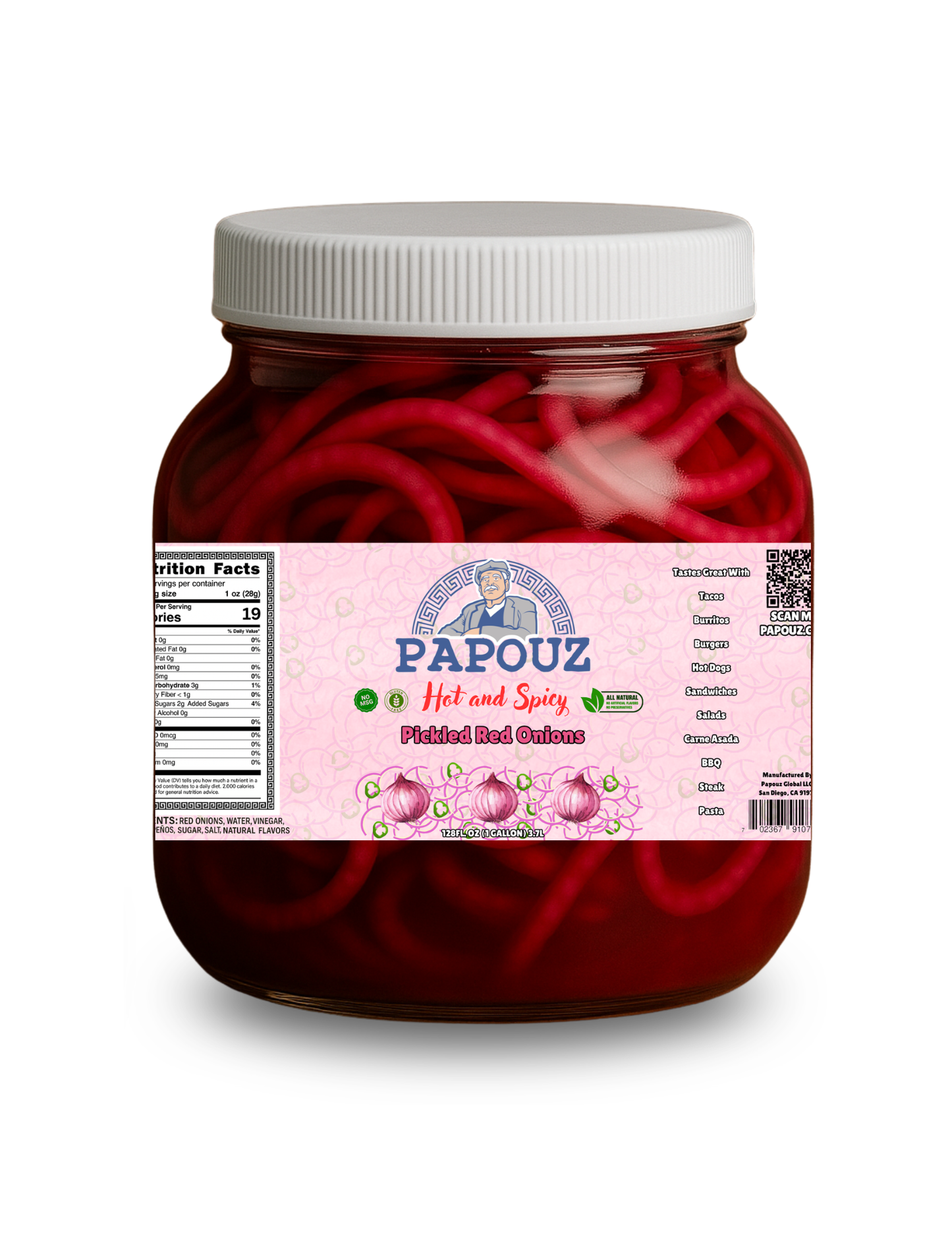 Papouz Pickled Onions Spicy 64fl oz. Spicy Red Onions Sliced