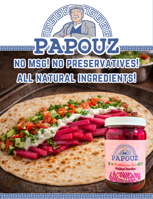 Lebanese Style Pink Pickled Turnips small 16 FL OZ, All Natural, Pink Color, Premium, Premier Product, Low Calorie, Gluten Free, Fat Free, No Preservatives, Low Sugar, Lebanese Style, Middle Eastern Cuisine, Snack or Side Dish, Made By Papouz