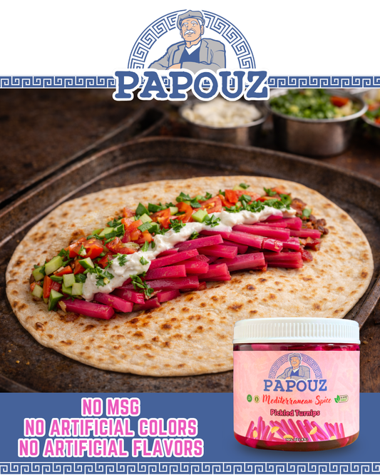 Lebanese Style Pink Pickled Turnips 16 FL OZ, All Natural, Pink Color, Premium, Premier Product, Low Calorie, Gluten Free, Fat Free, No Preservatives, Low Sugar, Lebanese Style, Middle Eastern Cuisine, Snack or Side Dish, Family Recipe, Made By Papouz