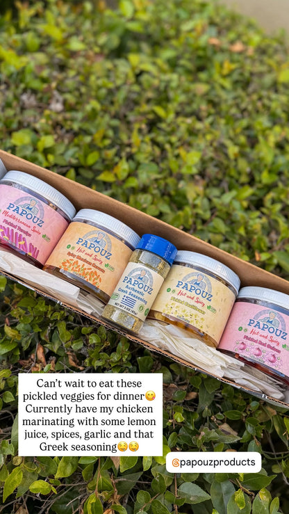 Pickled Veggies and Authentic Greek Seasoning 5-Pack Sampler Gift Box - Spicy Onions, Spicy Cauliflower, Lebanese Turnips, and Mexican Carrots