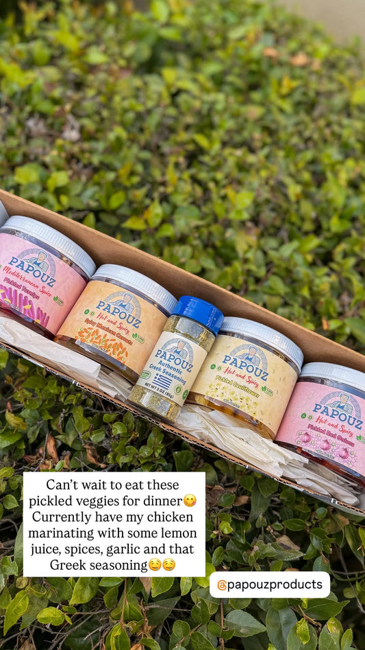 Pickled Veggies and Authentic Greek Seasoning 5-Pack Sampler Gift Box - Spicy Onions, Spicy Cauliflower, Lebanese Turnips, and Mexican Carrots