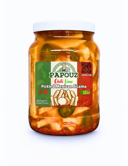 Papouz Pickled Chili Lime Jicama Sticks, Authentic Mexican Snack, Beer, Tequila, Margarita, Bar Snack, Pickled Root Vegetable, Fresh Family Recipe, Keto-Friendly, Gluten-Free, Cut Jicama, Mexican Turnip, Spicy, Sour, 64 oz