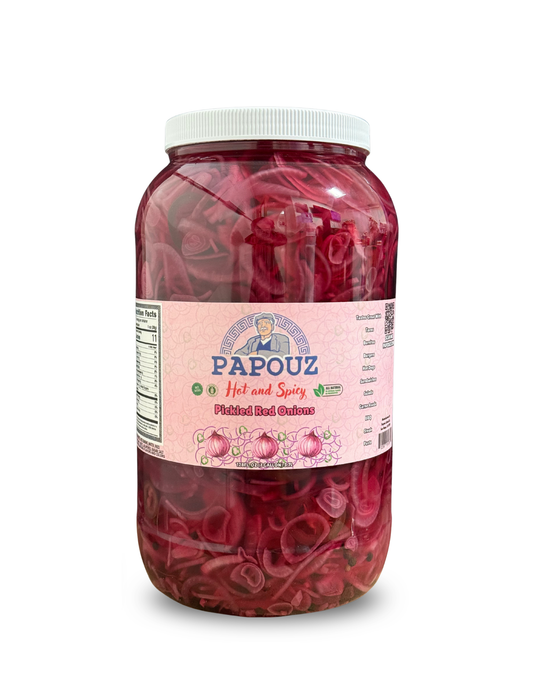 Papouz Pickled Onions 128fl oz. Spicy Red Onions Sliced