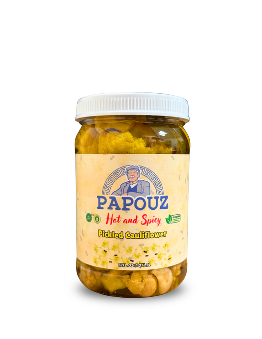 Papouz Pickled Spicy Cauliflower Chunks 32fl oz.  Spicy Yellow Cauliflower
