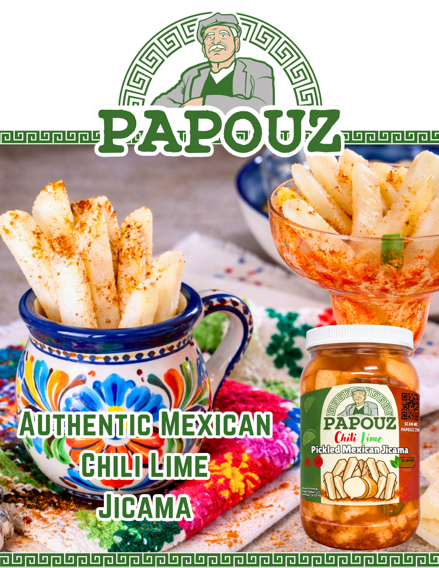 Papouz Pickled Chili Lime Jicama Sticks, Authentic Mexican Snack, Beer, Tequila, Margarita, Bar Snack, Pickled Root Vegetable, Fresh Family Recipe, Keto-Friendly, Gluten-Free, Cut Jicama, Mexican Turnip, Spicy, Sour, 64 oz