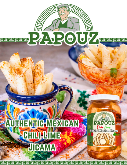 Papouz Pickled Chili Lime Jicama Sticks, Authentic Mexican Snack, Beer, Tequila, Margarita, Bar Snack, Pickled Root Vegetable, Fresh Family Recipe, Keto-Friendly, Gluten-Free, Cut Jicama, Mexican Turnip, Spicy, Sour, 64 oz
