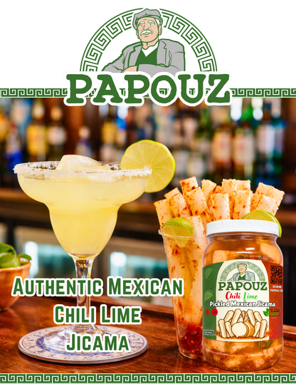 Papouz Pickled Chili Lime Jicama Sticks, Authentic Mexican Snack, Beer, Tequila, Margarita, Bar Snack, Pickled Root Vegetable, Fresh Family Recipe, Keto-Friendly, Gluten-Free, Cut Jicama, Mexican Turnip, Spicy, Sour, 64 oz