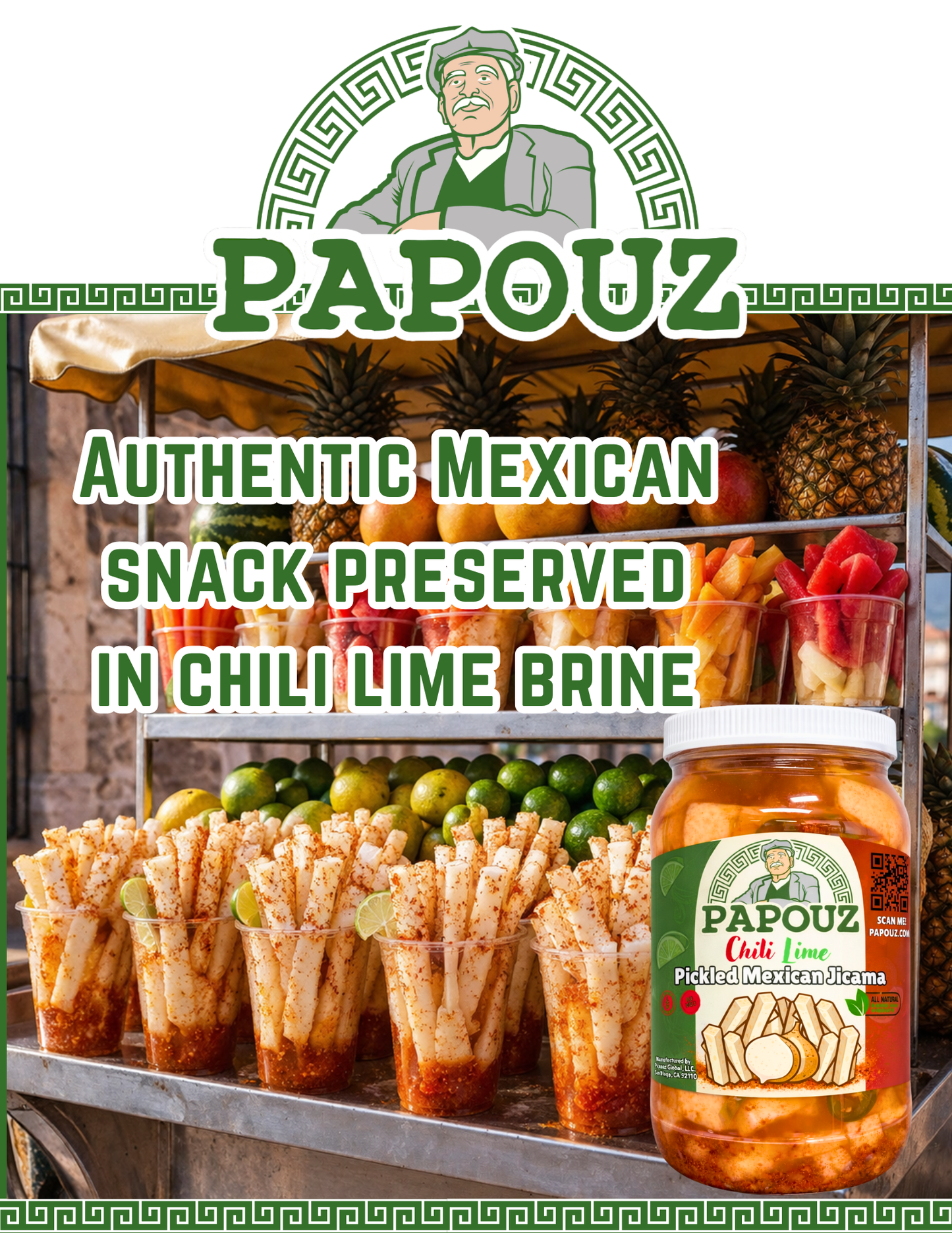 Papouz Pickled Chili Lime Jicama Sticks, Authentic Mexican Snack, Beer, Tequila, Margarita, Bar Snack, Pickled Root Vegetable, Fresh Family Recipe, Keto-Friendly, Gluten-Free, Cut Jicama, Mexican Turnip, Spicy, Sour, 64 oz