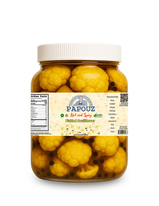 Papouz Pickled Spicy Cauliflower 64fl oz.  Spicy Yellow Cauliflower