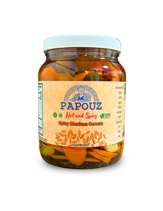 Papouz Pickled Carrots Spicy 64fl oz.  Spicy Mexican Carrots Sliced