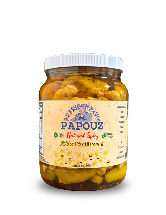 Papouz Pickled Spicy Cauliflower 64fl oz.  Spicy Yellow Cauliflower
