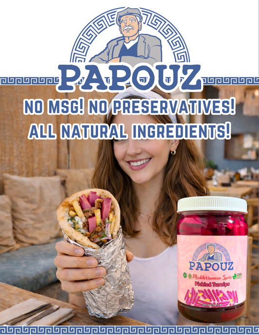 Lebanese Style Pink Pickled Turnips 1 Gallon 128 FL OZ, All Natural Pink Color, Premium, Premier Product, Low Calorie, Gluten Free, Fat Free, No Preservatives, Low Sugar, Lebanese Style, Middle Eastern Cuisine, Snack or Side Dish, Family Recipe, By Papouz