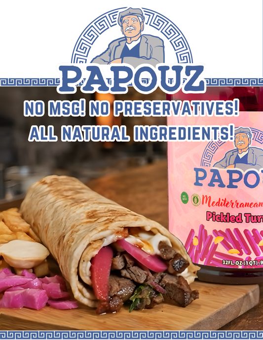 Lebanese Style Pink Pickled Turnips 64 FL OZ, All Natural, Pink Color, Premium, Premier Product, Low Calorie, Gluten Free, Fat Free, No Preservatives, Low Sugar, Lebanese Style, Middle Eastern Cuisine, Snack or Side Dish, Family Recipe, Made By Papouz