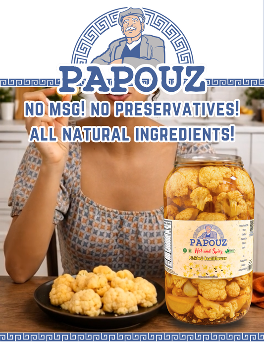 Papouz Pickled Spicy Cauliflower Chunks 32fl oz.  Spicy Yellow Cauliflower
