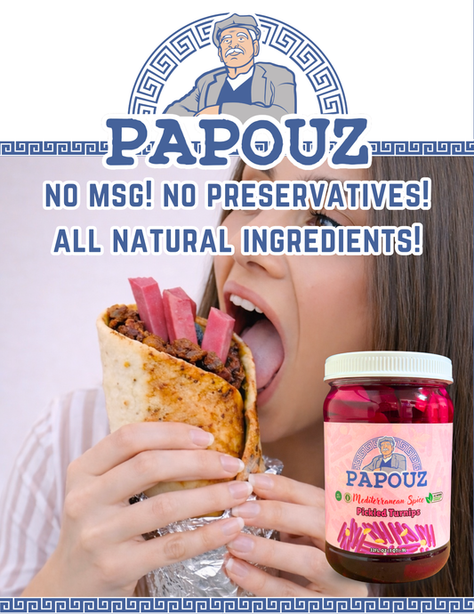 Lebanese Style Pink Pickled Turnips medium 32 FL OZ, All Natural, Pink Color, Premium, Premier Product, Low Calorie, Gluten Free, Fat Free, No Preservatives, Low Sugar, Lebanese Style, Middle Eastern Cuisine, Snack or Side Dish, Made By Papouz