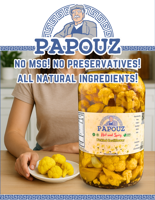 Papouz Pickled Spicy Cauliflower 64fl oz.  Spicy Yellow Cauliflower