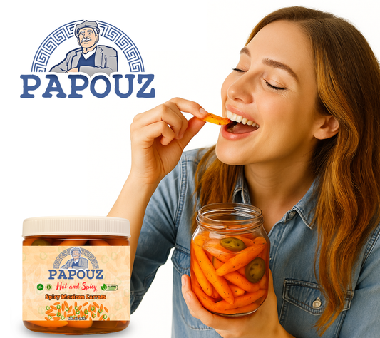 Papouz Pickled Carrots Spicy 64fl oz.  Spicy Mexican Carrots Sliced