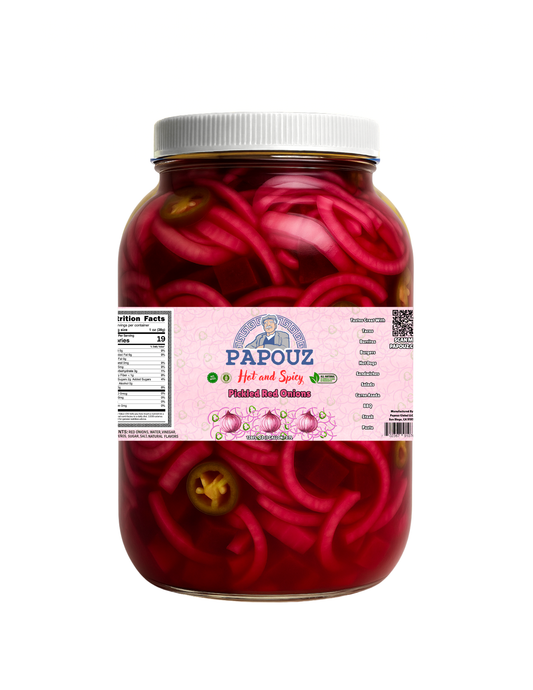 Papouz Pickled Onions 128fl oz. Spicy Red Onions Sliced