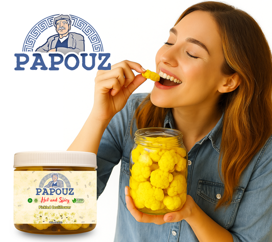 Papouz Pickled Spicy Cauliflower 128fl oz.  Spicy Yellow Cauliflower