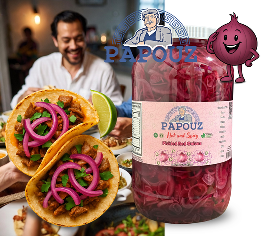 Papouz Pickled Onions 128fl oz. Spicy Red Onions Sliced