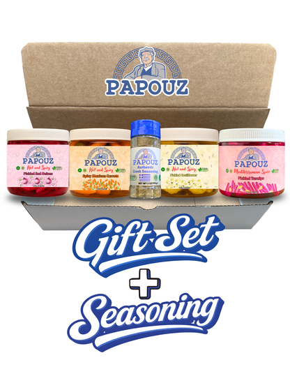 Pickled Veggies and Authentic Greek Seasoning 5-Pack Sampler Gift Box - Spicy Onions, Spicy Cauliflower, Lebanese Turnips, and Mexican Carrots